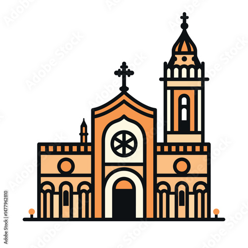 Stylized illustration of a church with a bell tower in orange and yellow colors on a white background