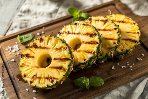 Grilled Pineapple Slices on Wooden Board Tropical Summer Treat photo