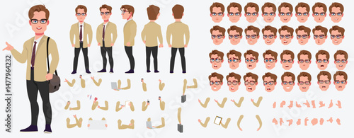 Man Character design. Front, side, back view and explainer animation poses. Character set with lip sync and facial expressions of Happy, angry, sad, Joy with Side walk cycle animation sequence sprite 