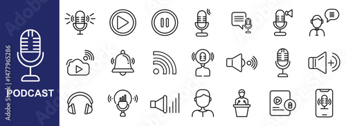 Podcast and Audio Streaming Icon Set – Microphone, Broadcast, and Sound Line Icons