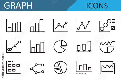 Line drawings of charts, graphs, and statistics for digital media