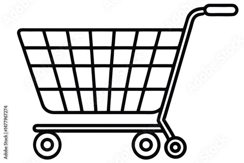 Black Outline Illustration of a Shopping Cart with Wheels and Handle Design
