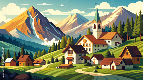 Nestled at the base of the mountains, the quaint alpine village is adorned with traditional wooden homes and a picturesque church steeple that stands as a timeless symbol of quiet devotion.

