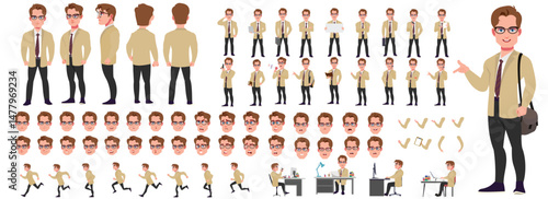 Man Character design. Front, side, back view and explainer animation poses. Character set with lip sync and facial expressions of Happy, angry, sad, Joy with Side walk cycle animation sequence sprite 