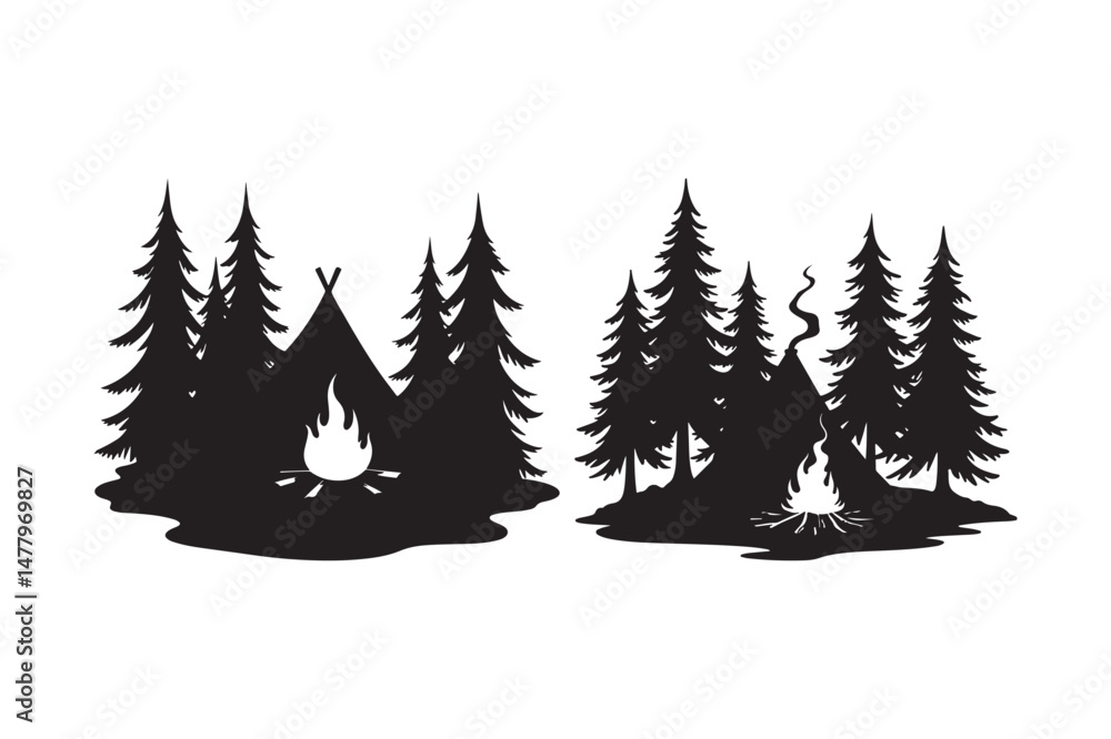 Obraz premium Silhouette Camping Scene with Tent, Campfire, and Pine Trees Vector Art