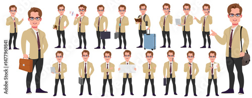 Man Character design. Front, side, back view and explainer animation poses. Character set with lip sync and facial expressions of Happy, angry, sad, Joy with Side walk cycle animation sequence sprite 