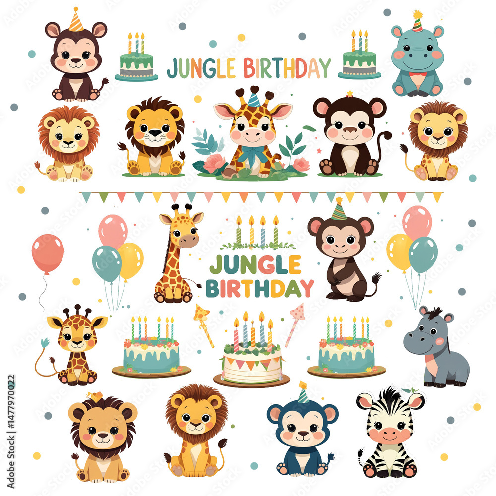 Fototapeta premium Jungle Birthday Animal Clipart Set