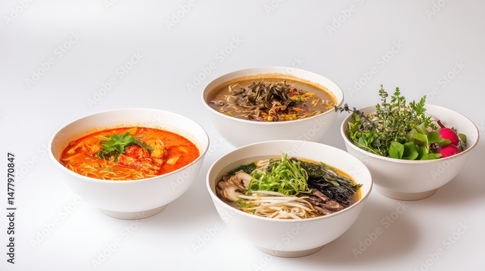 Varied Selection of Delicious Broths and Noodle Dishes in Bowls with Fresh Ingredients and Vibrant Colors Set Against a White Background Varied Selection of Delicious Broths and Noodle Dishes in Bowls with Fresh Ingredients and Vibrant Colors Set Against a White Background