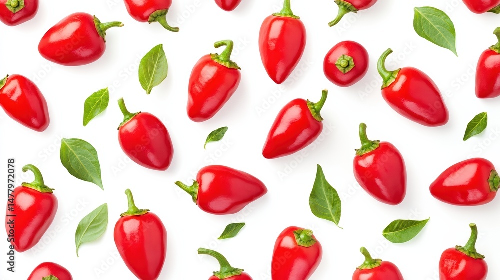 Red mini bell peppers with leaves pattern on a white background, top view Red mini bell peppers with leaves pattern on a white background, top view