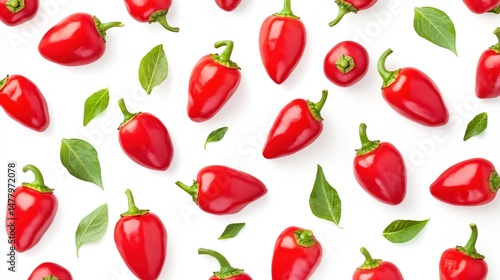 Wallpaper Mural Red mini bell peppers with leaves pattern on a white background, top view Torontodigital.ca