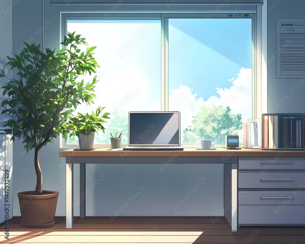Fototapeta premium Sunny Room Illustration Workspace Laptop Plant