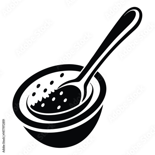 Black Silhouette of Bowl with Food and Spoon Graphic Vector Illustration