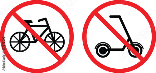 No bicycle, no scooter vector icons set. Red prohibition sign with a bicycle and scooter. design in trendy style. Vector illustration
