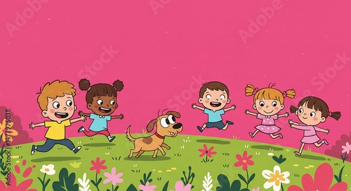 Children playing cartoon on solid background
