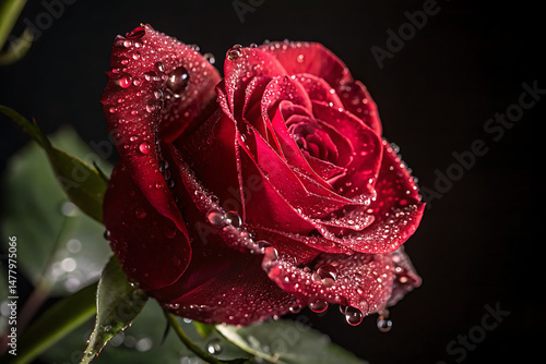 fresh red rose  Close-up with morning dew on dark background