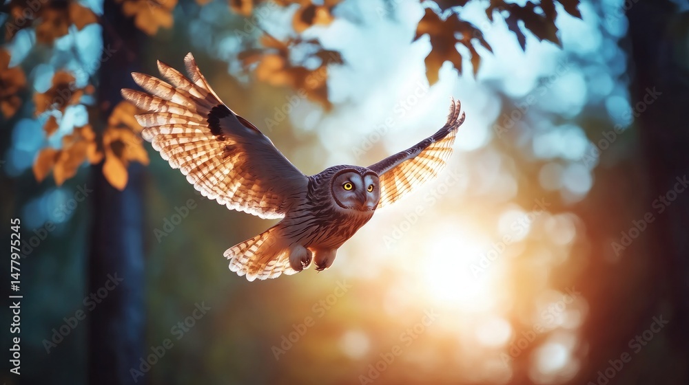 Fototapeta premium Owl fly in sunlight through the forest autumn wildlife bird