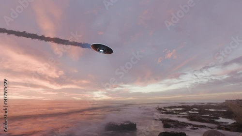 Crashing of Ufo flying saucer. Alien spaceship crash, a damaged Spacecraft lands and explodes on the ground. Footage in Ultra HD 4K.