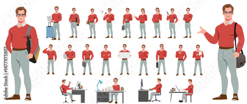 Man Character design. Front, side, back view and explainer animation poses. Character set with lip sync and facial expressions of Happy, angry, sad, Joy with Side walk cycle animation sequence sprite 