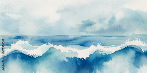 Blue ocean wave background. Blue and white water ocean background. Wavy line background. Hand drawn watercolor ocean background. Vector illustration.	