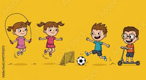 Children playing cartoon on solid background