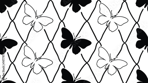 Butterflies gracefully positioned within a structured black and white grid, a refined aesthetic.