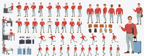 Man Character design. Front, side, back view and explainer animation poses. Character set with lip sync and facial expressions of Happy, angry, sad, Joy with Side walk cycle animation sequence sprite 