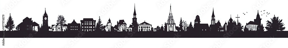 Obraz premium Cityscape Skyline Silhouette with Churches, Trees, and Bird on Transparent Background