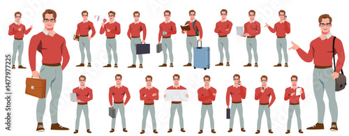 Man Character design. Front, side, back view and explainer animation poses. Character set with lip sync and facial expressions of Happy, angry, sad, Joy with Side walk cycle animation sequence sprite 