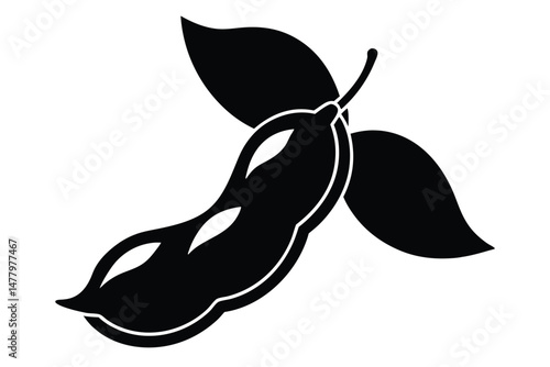 Stylized Black Silhouette of a Soybean Pod with Two Leaves Graphic Illustration