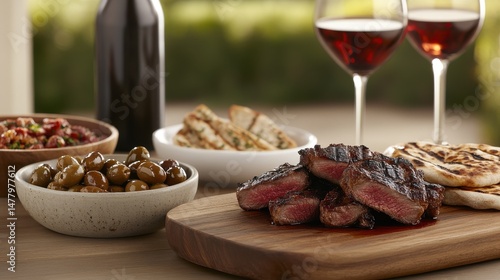 Elegant dining setting, gourmet appetizers and red wine, outdoor table with cozy ambiance for social gatherings.