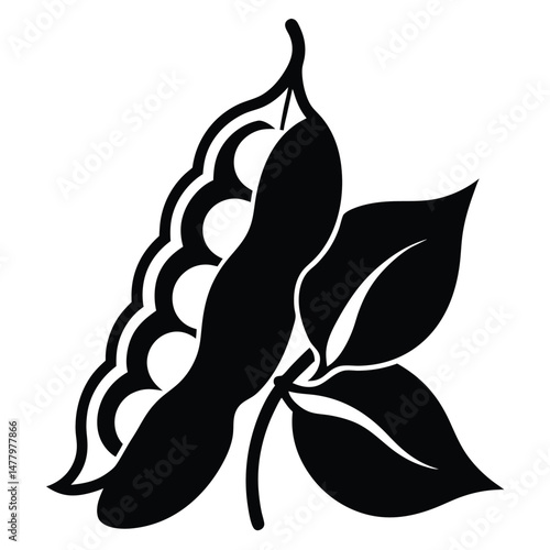 Stylish Black Silhouette Open Soybean Pod with Visible Beans and Two Leaves