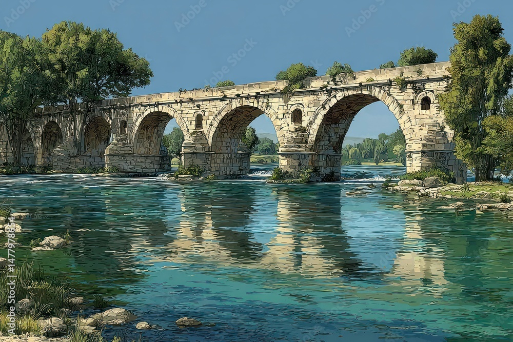 Obraz premium Historic Stone Arch Bridge Over Calm River Reflecting Natures Serenity and Architectural Beau