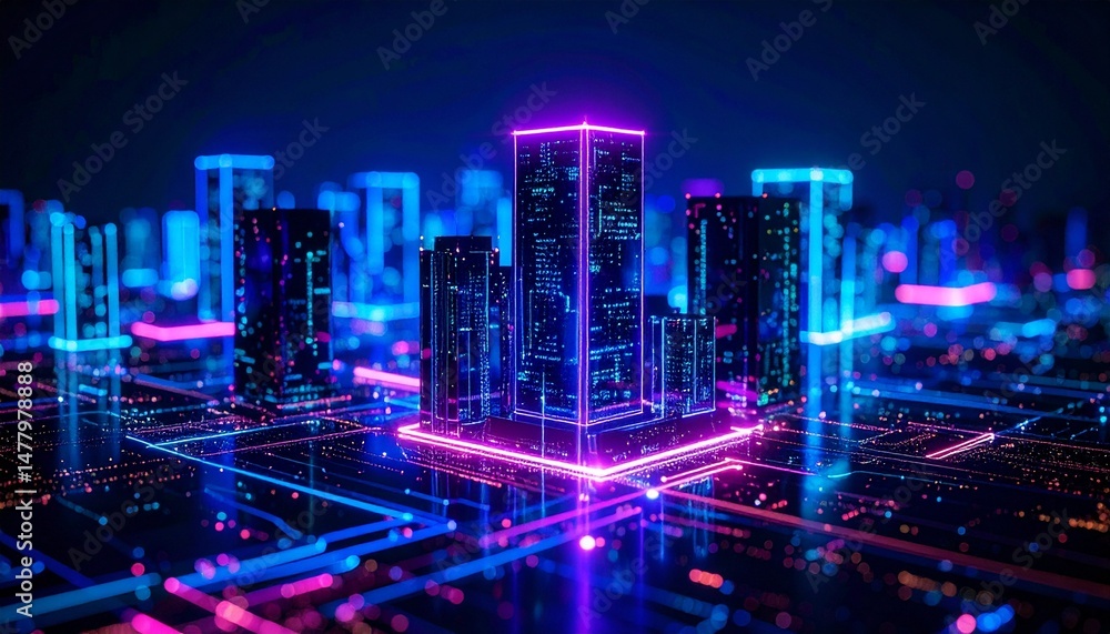 Obraz premium A futuristic cityscape glowing with vibrant neon lights. The digital city is brought to life with neon lights that highlights the towering skyscrapers