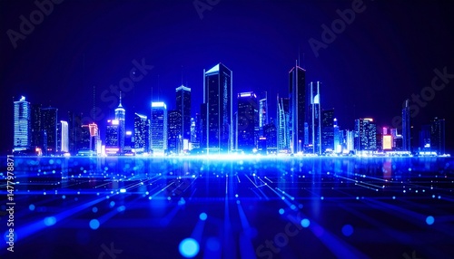 Wallpaper Mural Night cityscape with glowing buildings and digital network lines. Futuristic city skyline at night with illuminated skyscrapers and data streams. Torontodigital.ca