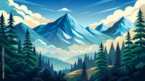 Pine forests frame the valley like protective arms, adding depth and contrast to the bright mountain skyline. Wisps of clouds drift lazily, brushing against the peaks in a dance of light and shadow.

