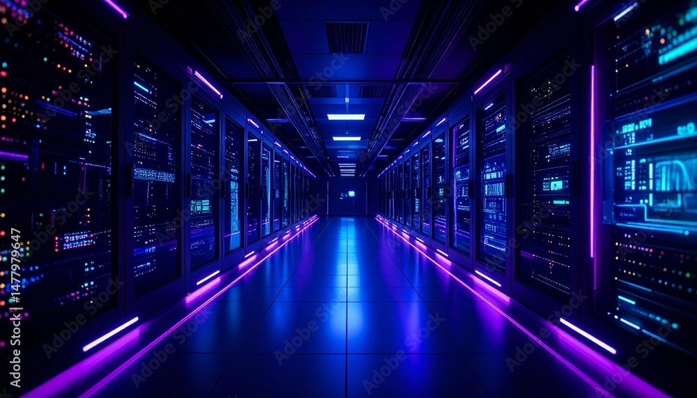 A high-tech data center with servers lining the room, radiating futuristic vibes. The room has cool, vibrant blue and purple neon lights A high-tech data center with servers lining the room, radiating futuristic vibes. The room has cool, vibrant blue and purple neon lights