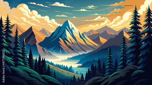 Pine forests frame the valley like protective arms, adding depth and contrast to the bright mountain skyline. Wisps of clouds drift lazily, brushing against the peaks in a dance of light and shadow.

