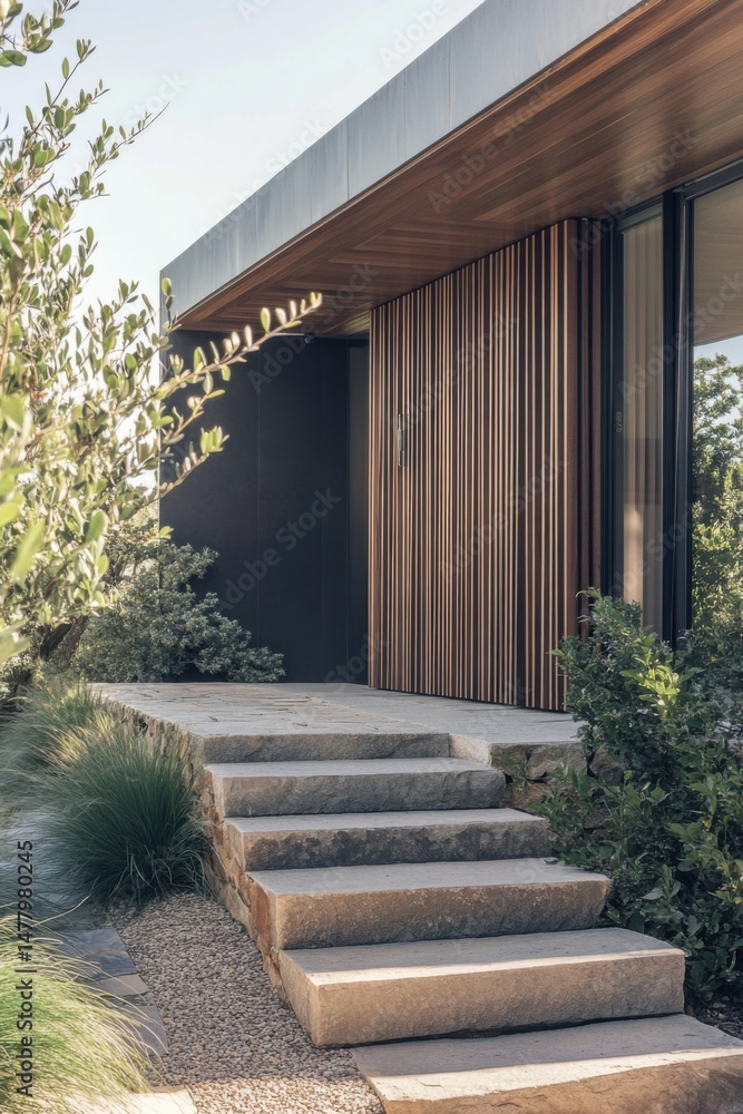 Fototapeta premium Modern architectural design with wooden accents and stone steps leading to a sleek entrance set in a landscaped garden during daylight