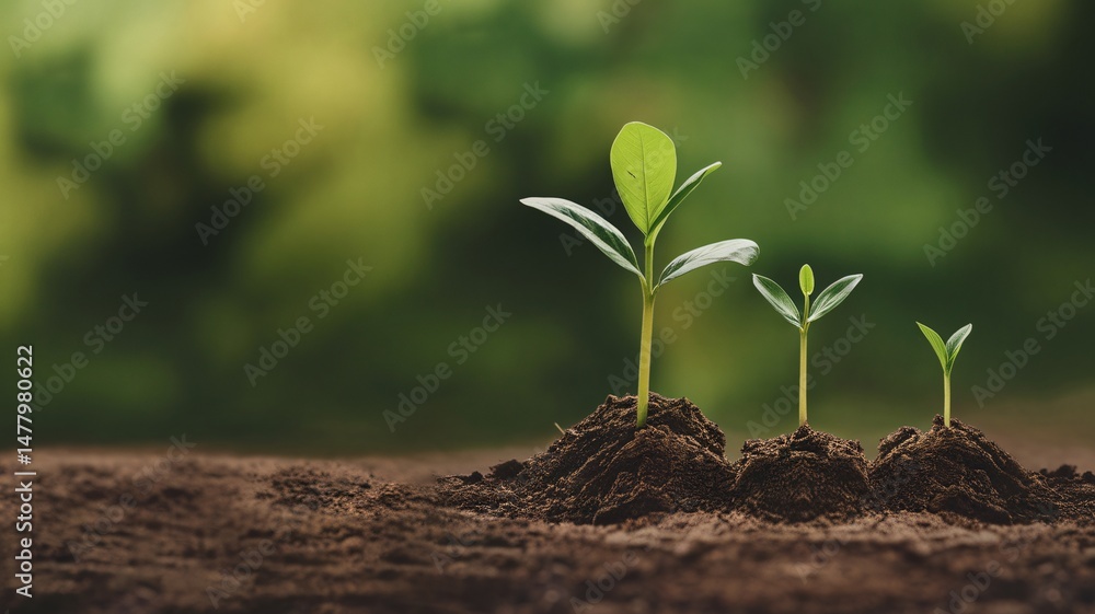 Fototapeta premium Three young seedlings emerge from rich soil, symbolizing growth and potential in a natural setting.
