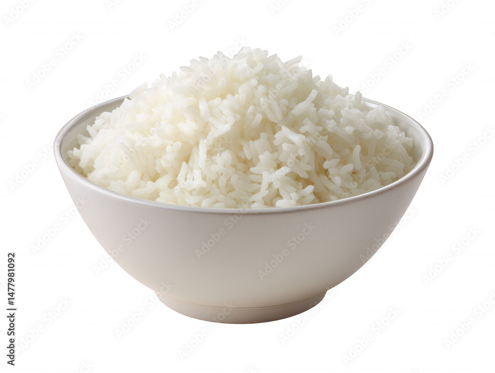 A bowl of fluffy, perfectly cooked white rice is presented against a clean white background, creating a simple and appetizing culinary image for any usage. A bowl of fluffy, perfectly cooked white rice is presented against a clean white background, creating a simple and appetizing culinary image for any usage.