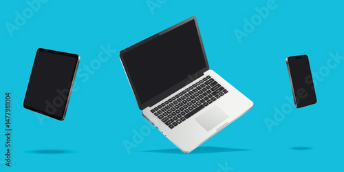 Flying laptop, cellphone and tablet pc mockup