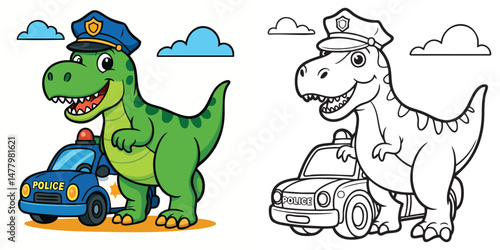 A Cute Police Dinosaur with Car Colored and Outline Set for Kids