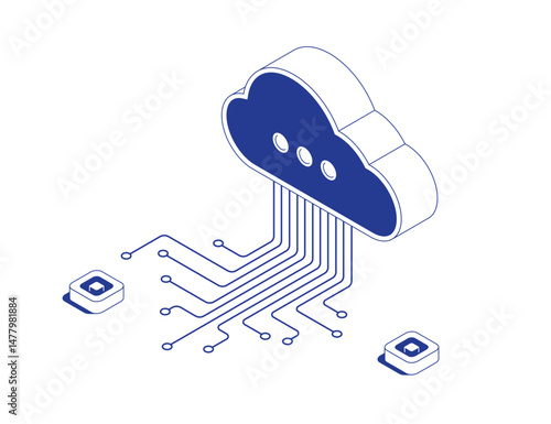 Cloud hosting technology concept with data streams resembling circuit board tracks flowing from cloud storage, isometric line contour vector illustration.