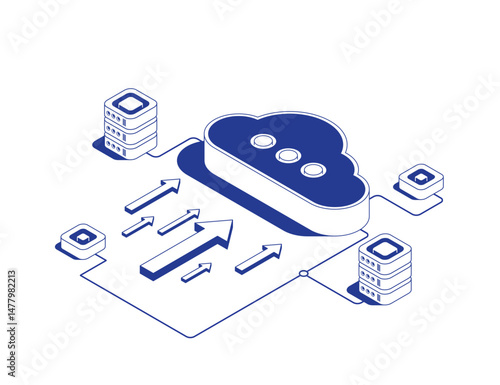 Cloud storage system with data transfer arrows showing incoming information flows to cloud icon symbolizing digital data transmission and network computing technologies in isometric line contour.