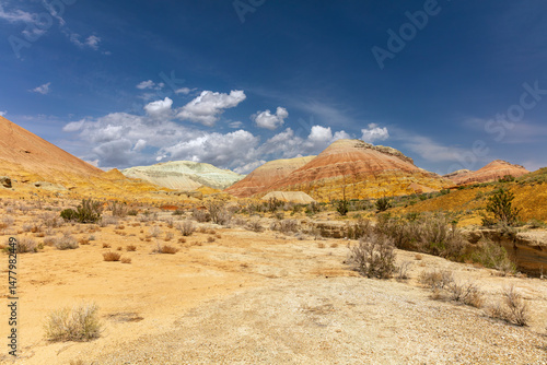 Vibrant multicolored mountain landscapes with red, yellow, and white layers on the hillsides, contrasted by desert vegetation in the foreground. A bright blue sky with fluffy white clouds accentuates.