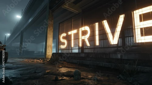Urban landscape with illuminated strive sign, moody environment and vehicle underneath highway overpass