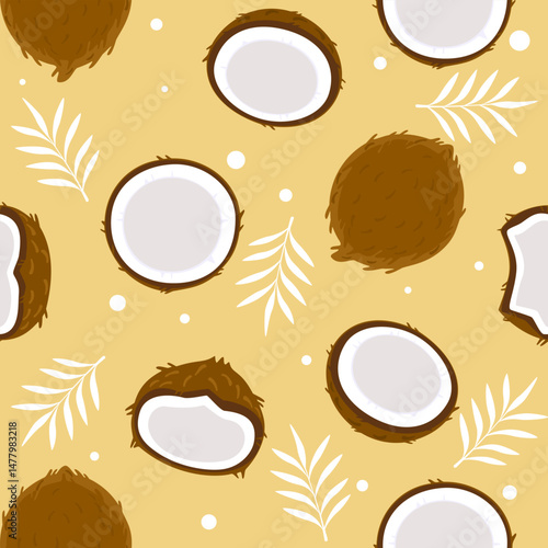 Tropical coconut pattern vector illustration with white leaves on yellow background. Seamless colorful cute cartoon summer fruit design for paper, fabric, packaging, textiles, wallpaper and clothing.