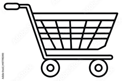 Outline Drawing of Shopping Cart with Handle and Four Wheels Symbolizing Retail