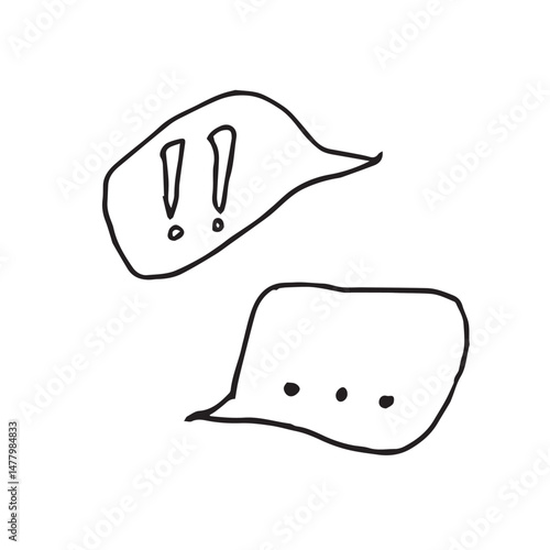 A set of two hand-drawn doodle-style speech bubbles. One bubble contains exclamation marks, the other an ellipsis. for comics, instant messengers, presentations, memes, stories, and social networks