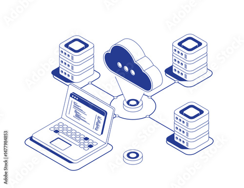 Cloud computing isometric illustration with storage icon, server racks and connected laptop showing big data flow processing and network configuration in line contour vector style.